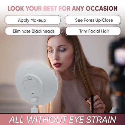 REMIR Vanity Mirror with Lights - 10X Magnifying Makeup Mirror with Suction Cup Base Mounts to Walls, Glass, Doors and Countertops - Smart Touch Control, 3 Dimmable Light Settings and 360 Swivel