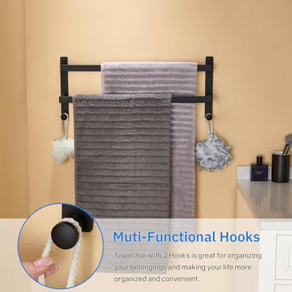 24 Inch Double Towel Bar with Hooks Matte Black, Stainless Steel Bath Shower Towel Rack Wall Mounted Towel Rod Holder for Bathroom - color: Matte Black, size: 24-Inch
