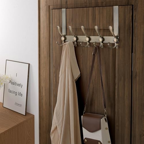 Over Door Hook 2.0 - Upgraded Version - Simple-Assembly, Strong, Heavy-Duty Stainless Steel 5-Tri-Hook Over The Door Hanger Rack, SimpleStrong Series, Bronze, Pack of 2 - color: Bronze