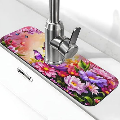 Pink butterfly flower Kitchen sink faucet pad, strong water absorption, anti slip, easy to clean, very suitable for splash and drip prevention, suitable for kitchens and bathrooms - color: Pink butterfly flower
