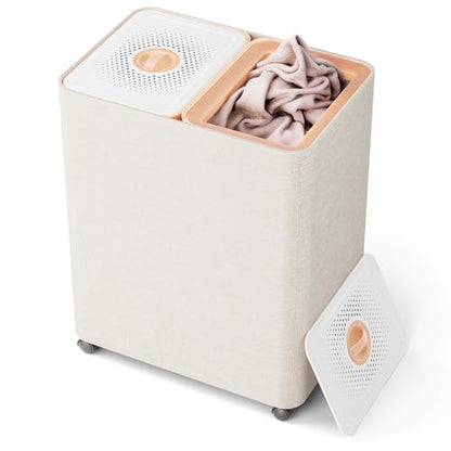 LAMU Hamper With Lid, Clothes Hamper, Laundry Basket with Lid with Removable Liner Bags, Dirty Clothes Basket with Wheels, Stylish Dirty Laundry Organizer for Home, 100L