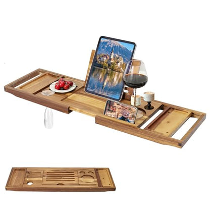 Expandable Wooden Tray Bathtub Tray, Bathroom Tray with Reading Rack & Wine Cup Slot.