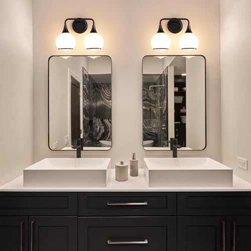 Black Bathroom Light Fixtures 2 Lights Vanity Lights with Milky White Frosted Glass Shade Bathroom Vanity Light 14 inch Wall Sconce Lighting Bath(Exclude E26 Bulb) - color: Black, size: 2 Light