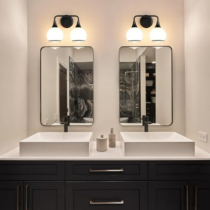 Black Bathroom Light Fixtures 2 Lights Vanity Lights with Milky White Frosted Glass Shade Bathroom Vanity Light 14 inch Wall Sconce Lighting Bath(Exclude E26 Bulb) - color: Black, size: 2 Light