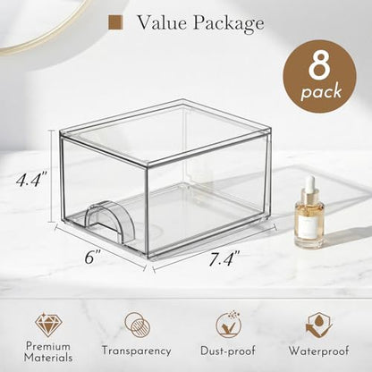8 Pack Small Clear Stackable Acrylic Storage Boxes & Drawers | Storage Organizer, Clear Plastic Makeup Organizer, Ideal for Vanity, Cabinet, Desk Organization, Art Tool & Sketch