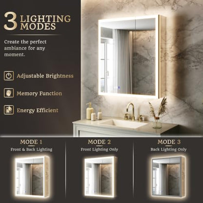 28x32 Lighted Medicine Cabinet, Separate Front & Back Lights | Surface/Recessed LED Medicine Cabinet for Bathroom with Side Mirrors, Dimmable Light, Anti-Fog, Memory,Silver Aluminum Frame - size: 28" x 32"