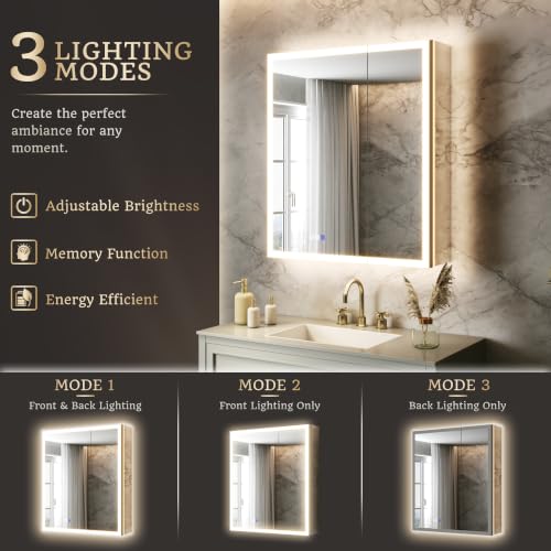 30x32 Lighted Medicine Cabinet, Separate Front & Back Lights | Surface/Recessed LED Medicine Cabinet for Bathroom with Side Mirrors, Dimmable Light, Anti-Fog, Memory,Silver Aluminum Frame - size: 30" x 32"