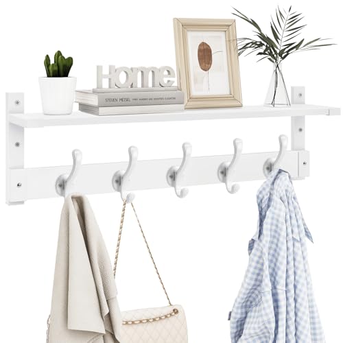 Homode Coat Rack With Wall Shelf, 29" Wooden Entryway Floating Shelf With Hooks Underneath, Hanging Coat Hanger for Bathroom, Living Room, Bedroom, Hallway, White - color: White, size: 29 Inch Long