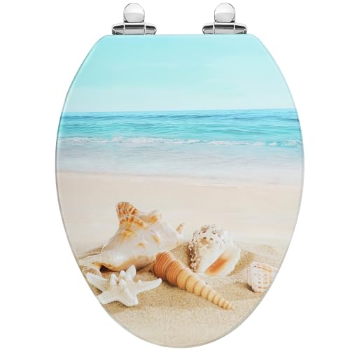 Angol Shiold Toilet Seat ELONGATED Molded Wood 18.5Inch(Beach) | Quiet Close Quick Release Metal Hinges, Adjustable Fit for Standard Elongated Toilets, Easy to Install&Clean - color: Beach, size: Elongated-18.5”