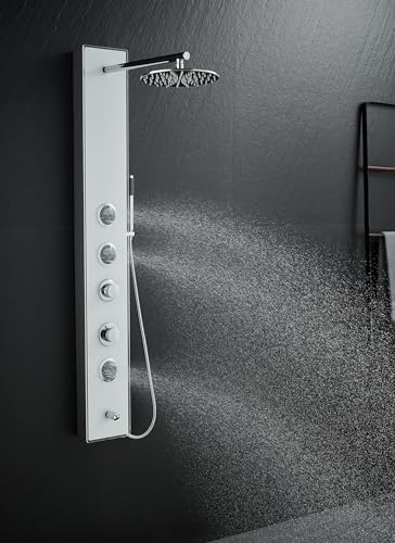 4-in-1 Glass Shower Panel Tower System Stainless Steel White | 51 inch shower panel l 9" rain shower head | 3 massage jets | Handheld shower | Tub spout | Glass + steel design | Wall mount - style: Round Shower