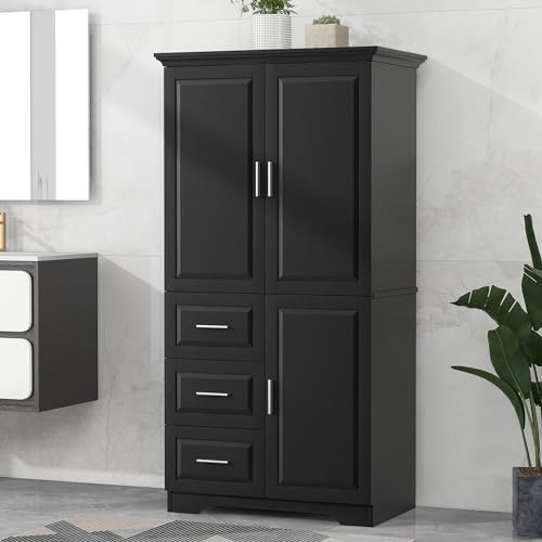 JIVOIT 62" Tall Storage Cabinet with 3 Drawers and Cabinet, Floor Cabinet with Doors and Adjustable Shelf, Wood Bathroom Cabinet for Bathroom - color: Black,wide Storage Cabinet