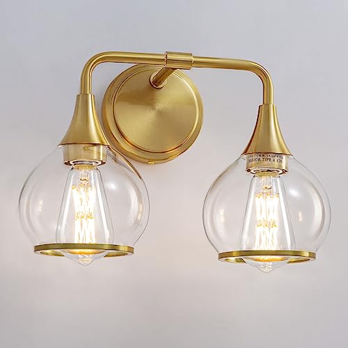 Gold Bathroom Light Fixtures 2-Lights Vanity Lights with Clear Glass Shade Bathroom Vanity Light 14 Inch Wall Sconces(Exclude E26 Bulb)… - color: Gold, size: 2 Light