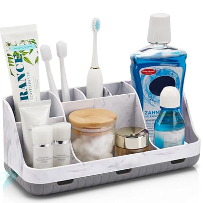 GFWARE Marble Bathroom Countertop Organizer - Detachable 7 Slots Kids Electric Toothbrush and Toothpaste Holde Drainage for Bathroom Accessories Organization Counter Vanity Storage, Grey | Detachable 7 Slots Kid Electric Toothbrush and Toothpaste Holder,