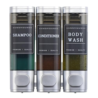 Shampoo and Conditioner Dispenser,Shower Soap Dispenser 3 Chamber No Drill Wall-Mounted for Bathroom & Hotel Leak-Proof Pumps, for Thick Liquids Like Conditioner - 1050ML High Capacity, Silver - color: Silver
