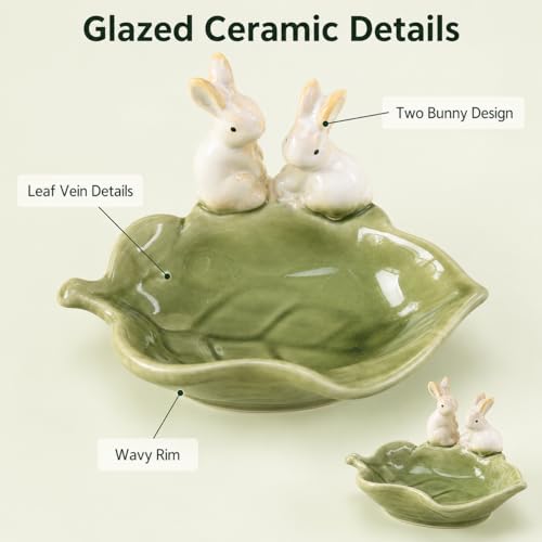 Rabbit Ceramic Soap Dish, Green Bunny Countertop Tray | Glazed ceramic; for soap, sponge, jewelry, keys; countertop only, no drainage hole or non-slip pad.