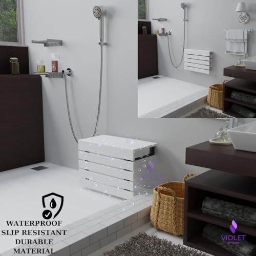 20" Folding Wall Mounted Handmade Teak Wood Large Shower Seat with Legs, ADA Compliant Durable Bath Bench, Sturdy Space-Saving Bathroom Stool, Water-Resistant Compact Chair (White, Extra Large) - color: White