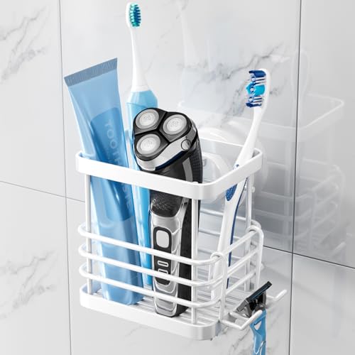 TAILI Patented Suction Cup Toothbrush Holder, Stainless Steel Anti-Puddling Toothbrush Shower Holder, No Drilling Removable Organizer for Bathroom Toothpaste, Razor, Kitchen and Office Items, White - color: White (1 Pack)