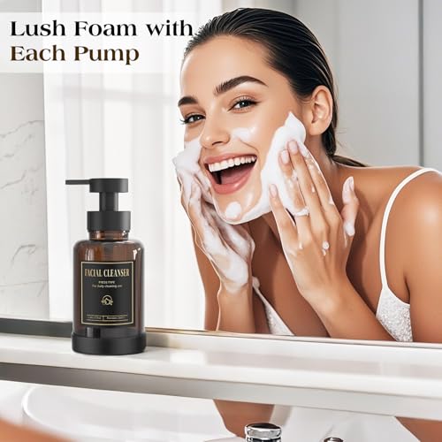 Luxspire Glass Foaming Soap Dispenser 15oz Hand Soap Bottle, Amber, 2 Pack | Anti-drip pump, wide mouth easy refill, non-slip silicone base, 7 waterproof labels, bathroom and kitchen sink use - color: Amber