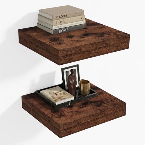 Heimlove 12 Inch Deep Floating Shelves,12 Inch Wide Small Wall Shelves Set of 2, 2 Inch Thick Invisible Wall Mounted Shelves for Bathroom Bedroom Nursery,Rustic Brown - color: Rustic Brown, size: 12"W x 12"D x 2"H, Set of 2