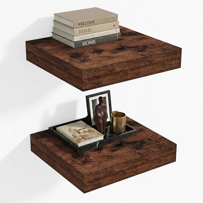 Heimlove 12 Inch Deep Floating Shelves,12 Inch Wide Small Wall Shelves Set of 2, 2 Inch Thick Invisible Wall Mounted Shelves for Bathroom Bedroom Nursery,Rustic Brown - color: Rustic Brown, size: 12"W x 12"D x 2"H, Set of 2