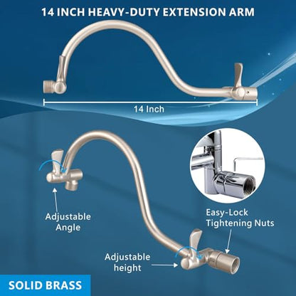 Voolan 10" Square Rain Shower Head with 14" Extension Arm, Adjustable Angle and Height, Stainless Steel Bathroom High Pressure Rainfall showerhead, 2.5GPM Brushed Nickel - color: Brushed Nickel
