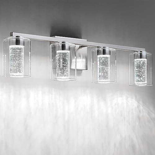 SineRise 4-Light Brushed Nickel Vanity Light with 3 Color Modes (3000K/4000K/6000K), Eye Protection LED Bathroom Light Fixture, Dimmable Modern Wall Light Over Mirror with Clear Glass Shade - color: Brushed Nickel, size: 4-light