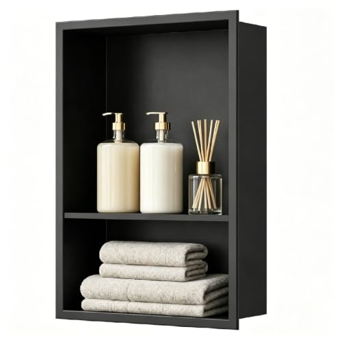 SaniteModar Stainless Steel Shower Niche Insert 12" x 18" Matte Black | No Tile Needed, Recessed Bathroom Niche 2-Tier, Waterproof, Space-saving, Easy Setup, Built-in Storage for Bathroom, Kitchen - color: Black, size: 18" x 12", Double
