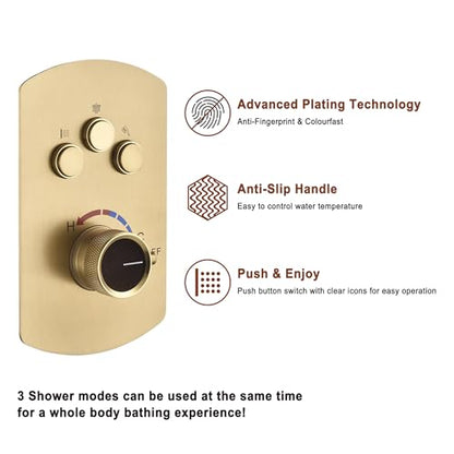 MONDAWE 12 Inch Ceiling Mounted Brushed Gold Shower System, 3-Functions Shower Faucet Set with Rainfall Dual Shower Head and High Pressure Handheld Spray, All Function Can be Used At the Same Time - color: Brushed Gold
