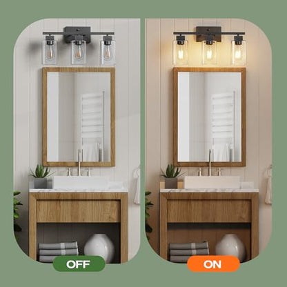 3-Light Bathroom Light Fixtures, Matte Black Modern Vanity Lights, Bathroom Lighting Fixtures Over Mirror, Square Design Farmhouse Wall Sconces with Clear Glass Shades - color: Matte Black, size: 3-Light