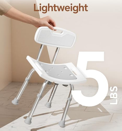 SOUNDFUSE Shower Chair for Inside Shower with Back, Tool-Free Assembly, Height Adjustble Shower Seat with EVA Cushion and Non-Slip Feet, Support Up to 350 lbs, Grey