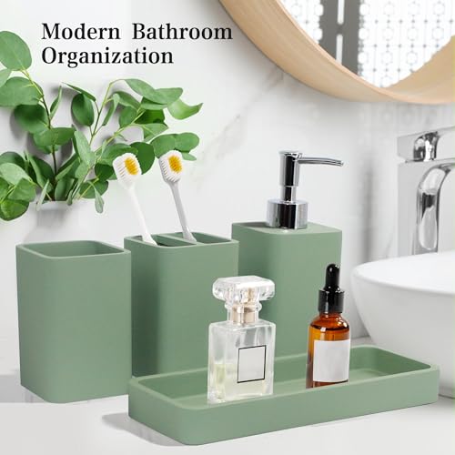 Bathroom Accessories Set, 4 Piece Toothbrush Holder Set - Green | Bathroom Accessory Set with Soap Dispenser, Toothbrush Holder, Tumbler, Vanity Tray, Bathroom Sink Set for Modern Home Decor - style: Green