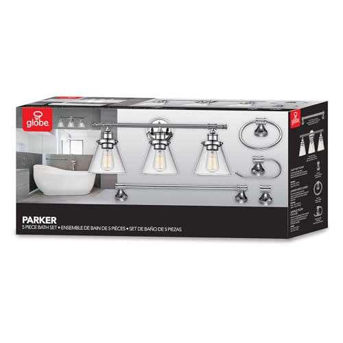 Globe Electric 51234 5-Piece All-in-One Bathroom Set, Chrome, 23" 3-Light Vanity Wall Light with Clear Glass Shades, Towel Bar and Ring, Robe Hook, Toilet Paper Holder, Beauty Room Accessories - color: Chrome, Parker