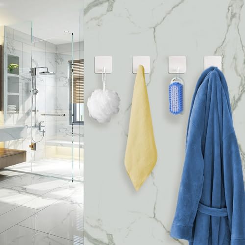 Adhesive Towel Hooks Heavy Duty Stick on Towel Holder Wall Hangers Waterproof Stainless Steel Sticky Hooks for Hanging White Bathroom Kitchen Home-4 Packs - color: White