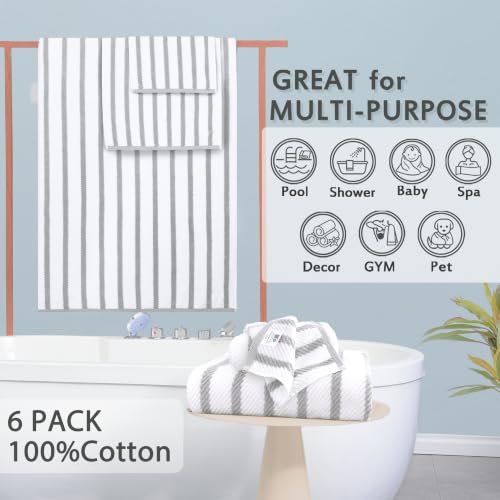 VOOVA & MOVAS 6PC Towel Set, 100% Cotton, Gray Beige | 2 Large Bath Towels 30x56 In, 2 Hand Towels 18x28 In, 2 Washcloths 13x13 In, Quick Dry, Thick, Soft, College Dorm Towels - color: Gray + White, size: 6 PC Bathroom Towel Set