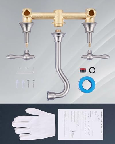 2-Handle Bathroom Faucet Brushed Nickel: WOWOW Wall Mount Bathroom Sink Faucets Brass and Rough-in Valve Included, 8 Inch Lavatory Faucet 3 Hole Antique Tap - color: Brushed Nickel