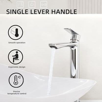 BELZ Chrome Bathroom Faucet, Tall Single Hole Vessel Sink Faucet 11.7'' | Lead-free, Anti-peeling PVD Chrome Finish, Modern Single Handle Design with Pop-Up Drain & Hoses for Bathroom RV Sink Vanity - color: Chrome