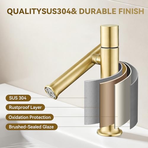 360° Rotatable Bathroom Sink Faucet, Bathroom Faucets 1 Hole 2 Water Outlet Modes, Single Handle Bathroom Faucets with Hot and Cold Hoses - color: Gold