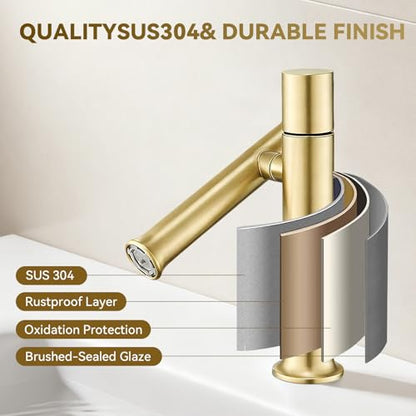 360° Rotatable Bathroom Sink Faucet, Bathroom Faucets 1 Hole 2 Water Outlet Modes, Single Handle Bathroom Faucets with Hot and Cold Hoses - color: Gold