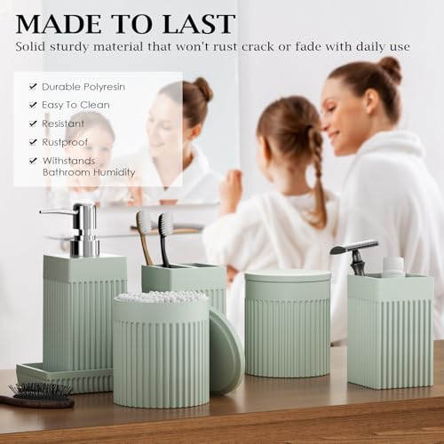 Bathroom Accessories Set, 6-Piece Resin Green Bathroom Set with Toothbrush Holders, Soap Dispenser, Vanity Tray, Tumbler, Cotton Swab Jars, Modern Bathroom Organizer for Small Spaces - color: Green