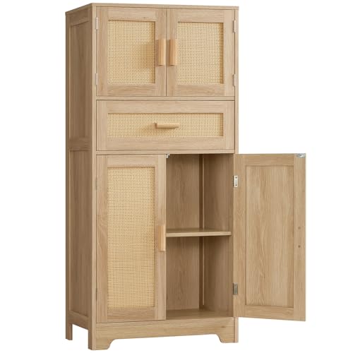 TEENFON 47.2" H Tall Storage Cabinet with Adjustable Shelf, Rattan Cabinet, Cupboard for Living Room, Dining Room, Entryway, Home Office, Natural - color: Natural, size: 47.2“H