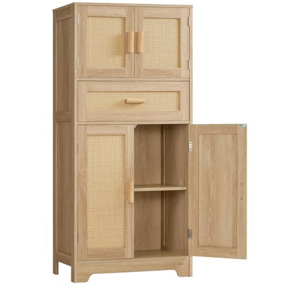 47.2" H Tall Storage Cabinet with Adjustable Shelf, Rattan Cabinet, Cupboard for Living Room, Dining Room, Entryway, Home Office, Natural - color: Natural, 4 Doors
