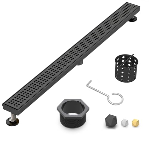 36 Inch Linear Shower Drain - Matte Black, with Removable Grate | AISI 304 Stainless Steel Shower Drain, Long Rectangle Shower Floor Drain with Adjustable Feet, Fits Bathroom & Balcony etc - color: Matte Black, size: 36 in