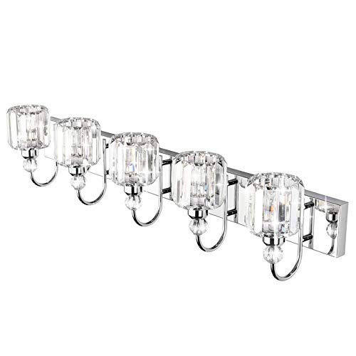 Ralbay Modern LED Crystal Bathroom Vanity Lights 5-Lights Stainless Steel Crystal Vanity Lights Over Mirror Modern Crystal Bathroom Vanity Lighting Fixtures - color: Round-Chrome, size: 5-light