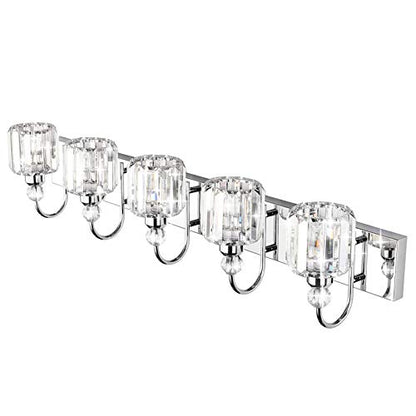 Ralbay Modern LED Crystal Bathroom Vanity Lights 5-Lights Stainless Steel Crystal Vanity Lights Over Mirror Modern Crystal Bathroom Vanity Lighting Fixtures - color: Round-Chrome, size: 5-light