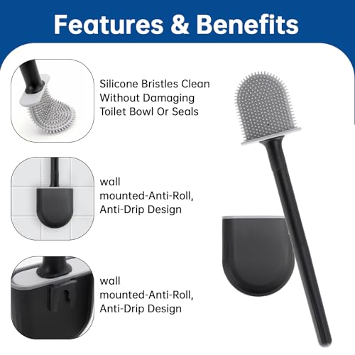 RV Essentials, RV Toilet Brush Black– Camper Must Have Silicone Toilet Brush for Travel Trailer, Wall Mounted Toilet Brush-Anti-Roll, Anti-Drip Design, Camper Must Haves - color: Black