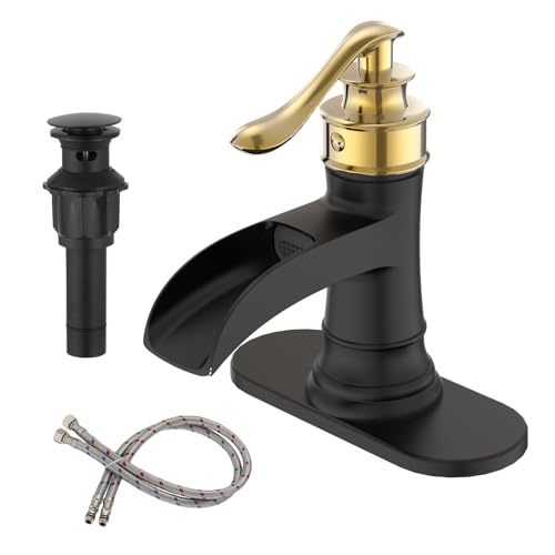 BWE Solid Bass Waterfall Bathroom Sink Faucet, Black & Gold for Farmhouse | Wide Waterfall Spout, Ceramic Cartridge, Fits 1 or 3-Hole Sink, Single Handle, Hardware Kit Included, Not for Vessel Sink - color: Black & Gold