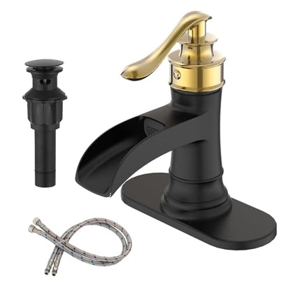 BWE Solid Bass Waterfall Bathroom Sink Faucet, Black & Gold for Farmhouse | Wide Waterfall Spout, Ceramic Cartridge, Fits 1 or 3-Hole Sink, Single Handle, Hardware Kit Included, Not for Vessel Sink - color: Black & Gold