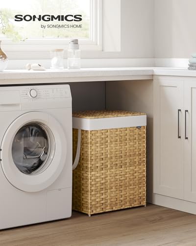SONGMICS Laundry Hamper with Lid, 29.1 Gallon (110 L) Synthetic Rattan Clothes Laundry Basket with Lid and Handles, Foldable, Removable Liner, Goose Yellow ULCB152Y01 - color: Goose Yellow, size: 110 L