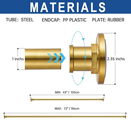 Industrial Shower Curtain Rod - 2-in-1 Design Tension Curtain Rod - Never Rust Non-Slip 43 to 72 Inch Metal Steel, Gold Window Curtain Rod - color: Gold, size: 43-72 Inches