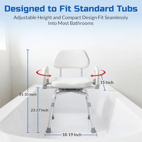 Swival Shower Chair with Padded seat for Inside ShowerFor Senior, Bath Seat | Sit Securely While Bathing - White, padded seat, padded armrests, swivel seat, tool-free assembly, 600 lb